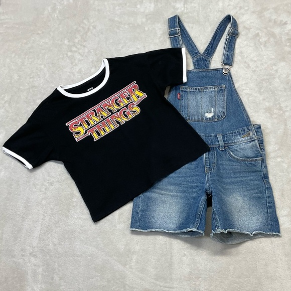 Levi's Other - Levi’s Denim Shortalls Overall Jean Shorts & Stranger Things Tee Girls 7 / 8
